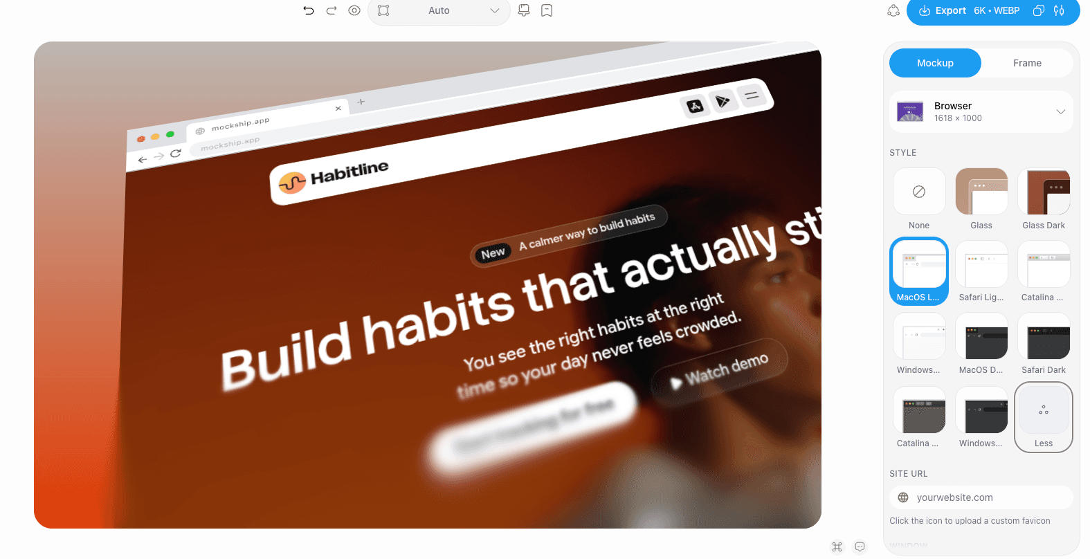 A website screenshot inside a browser window frame on a soft backdrop