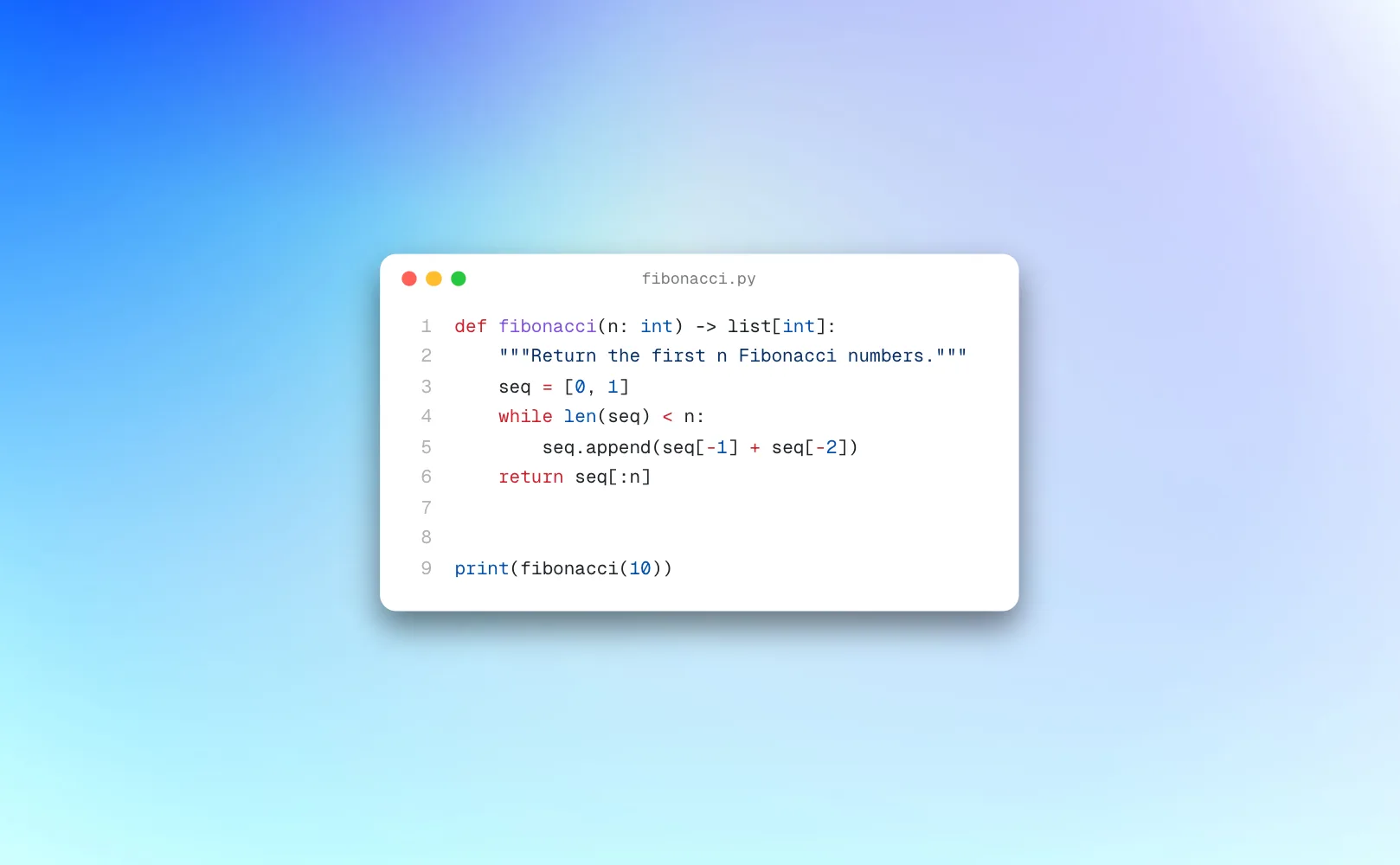 A Python code snippet in the GitHub Light theme inside a clean window on a soft blue gradient