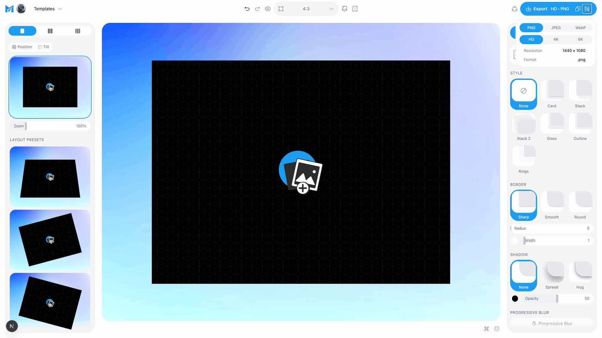 A website screenshot inside a browser frame on a soft sky backdrop with a wide, faint shadow